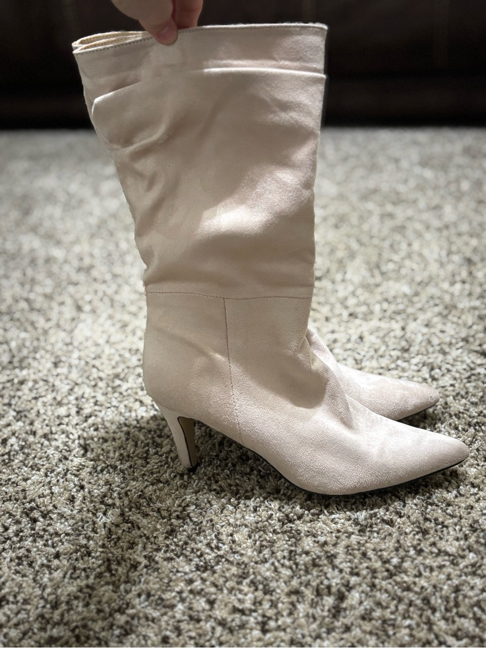 Women's Cream Mid-Calf Pointed Toe Heeled Boots